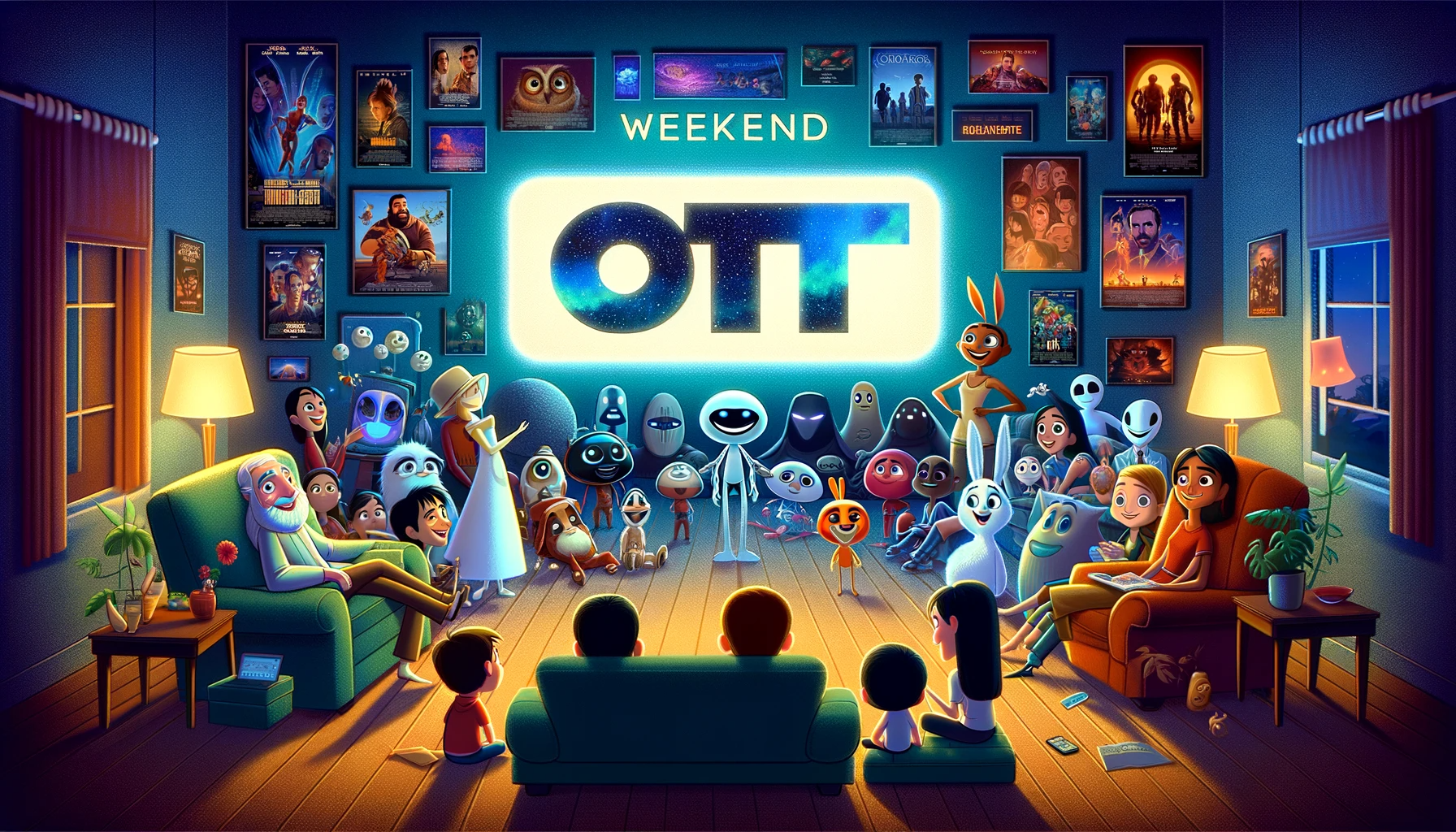DALL·E 2024-01-30 14.20.03 - A Pixar-style poster with a 16_9 aspect ratio, featuring characters and symbolic imagery based on the theme 'weekend ott choice'. The poster should in.png
