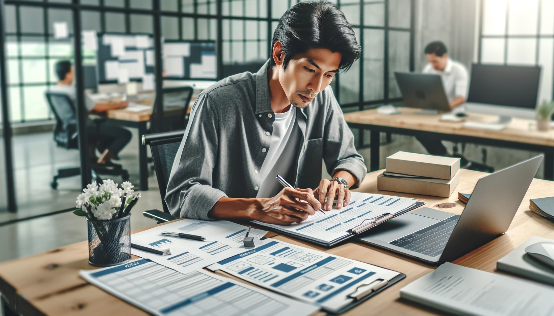 DALL·E 2023-12-18 17.29.32 - A web design agency employee carefully reviewing project schedules and requirements in an office setting. The image shows the employee, a professional.png
