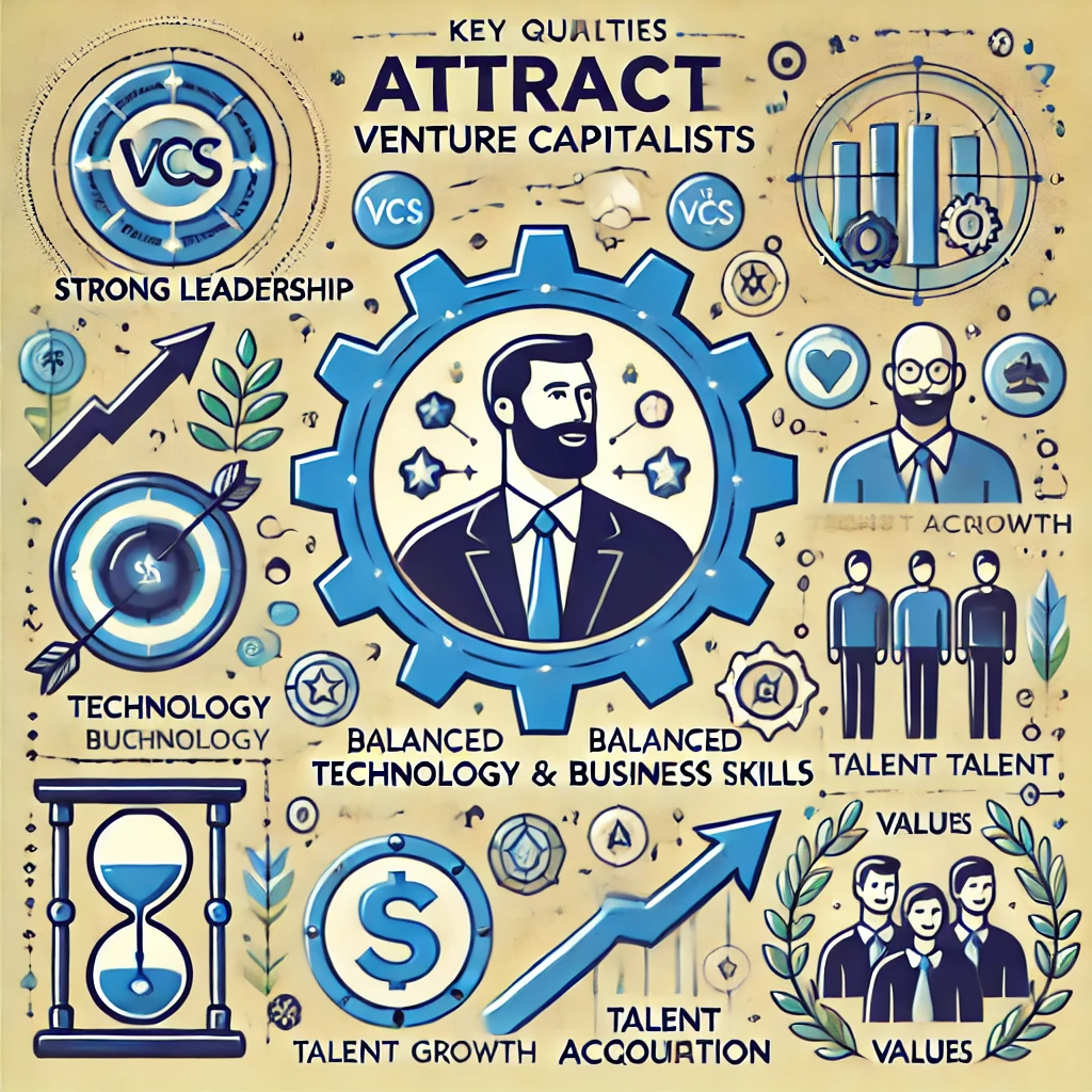 DALL·E 2024-09-26 18.59.09 - An illustration representing a startup team with key qualities that attract Venture Capitalists (VCs). The image should include symbols for strong lea.webp