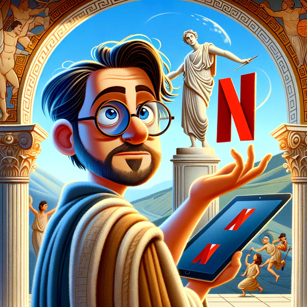 DALL·E 2024-02-13 11.09.56 - Illustration in Pixar animation style, featuring a character representing the Netflix founder in a semi-historical, semi-futuristic outfit, holding an.jpg