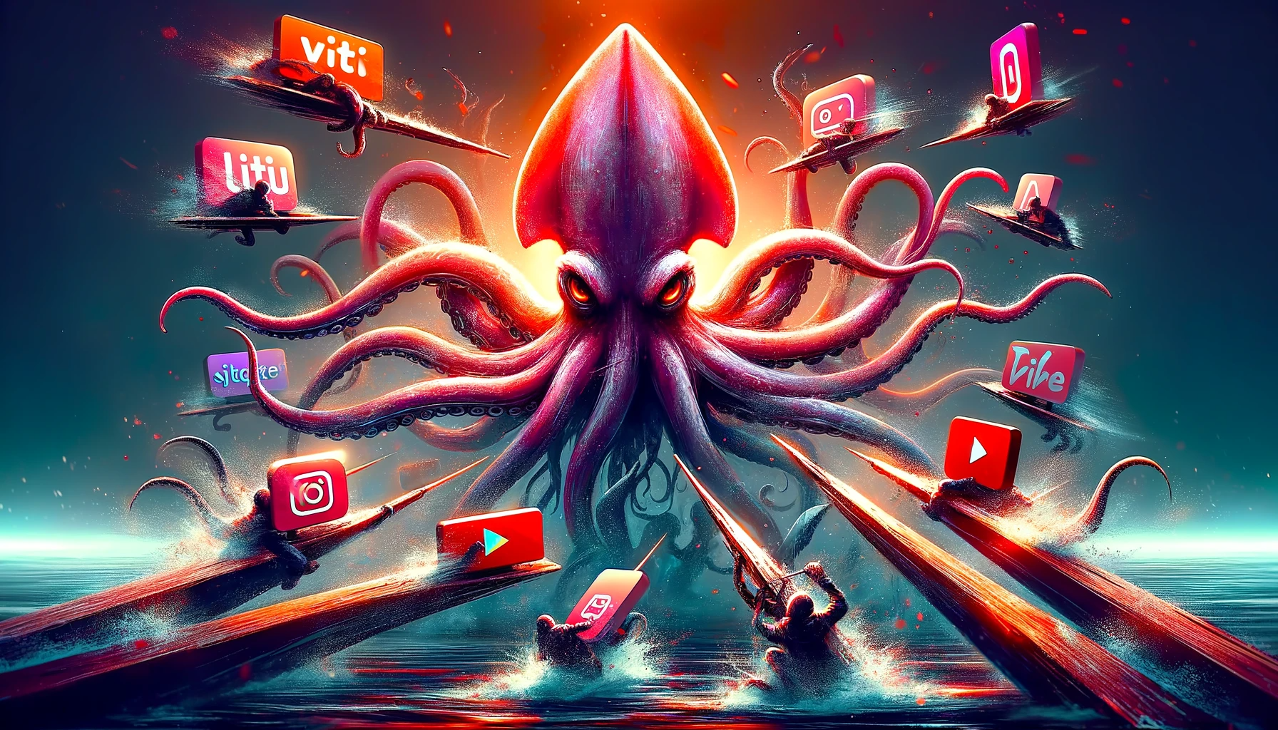 DALL·E 2024-01-09 16.26.20 - A 16_9 ratio image representing a fictional competitive game with a squid motif, symbolizing the intense rivalry among OTT platforms. The image should.png