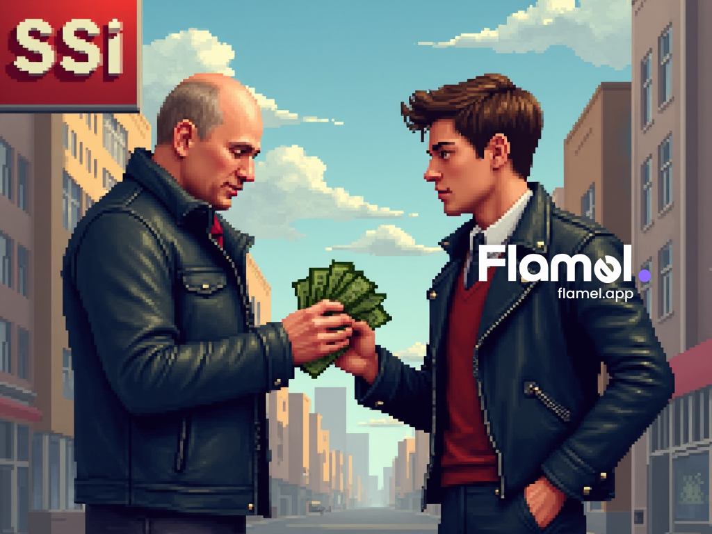 Pixel art, A russian man with bald hair and a young american man with black ladder jacket is grabbing bunch of dollars. They are in front of company with have sign written in _SSI_.-ai-generated-flamel-431201.png
