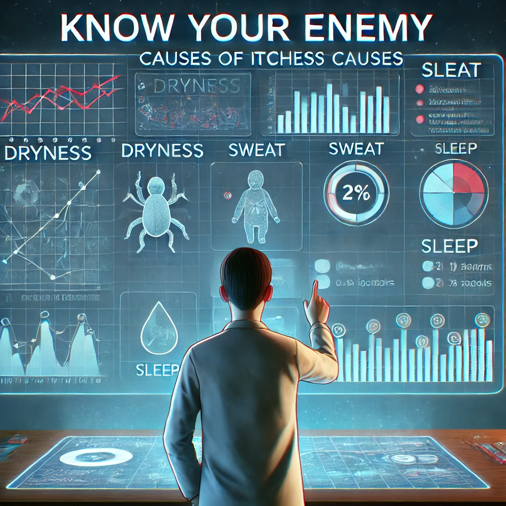 DALL·E 2024-10-22 17.00.18 - An animation-style visual representation showing a person analyzing causes of itchiness based on data, surrounded by visual elements like charts, grap.webp