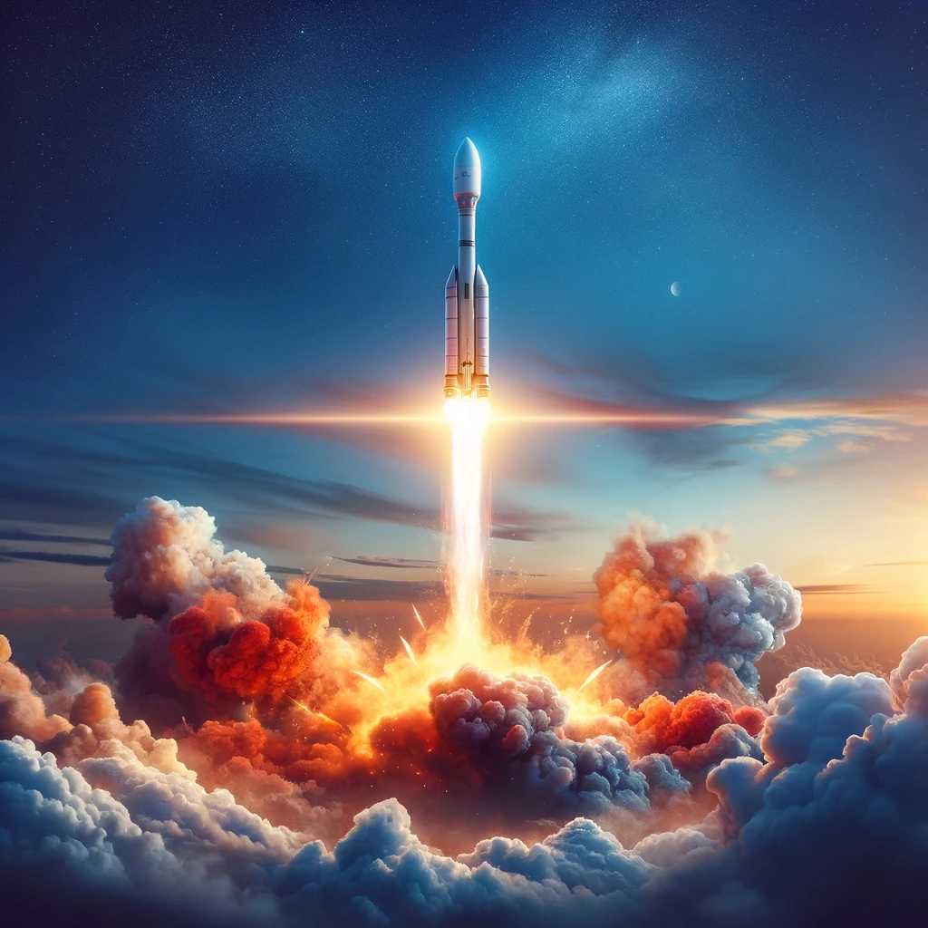 DALL·E 2024-05-20 14.19.21 - A rocket launching into the sky, surrounded by clouds of smoke and fire. The background shows a clear blue sky with a few scattered clouds. The rocket.webp