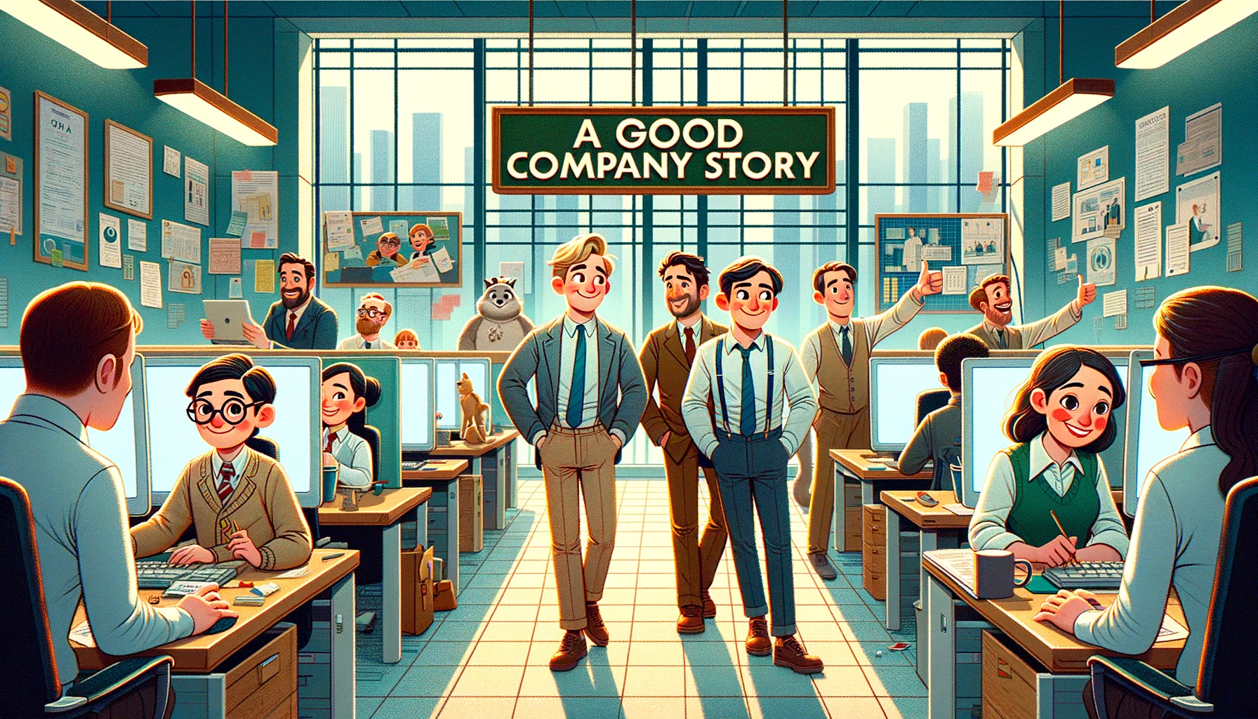 DALL·E 2024-01-28 13.09.04 - Revise the illustration for the poster of 'A Good Company Story', adopting a more realistic image style while still maintaining a hint of the Pixar An.png