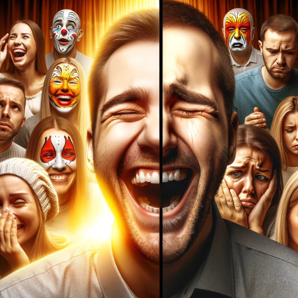 DALL·E 2024-05-27 14.51.18 - A split image showing two sides of humor. On one side, people are laughing joyfully and sharing positive, uplifting jokes. This side is bright and col.webp