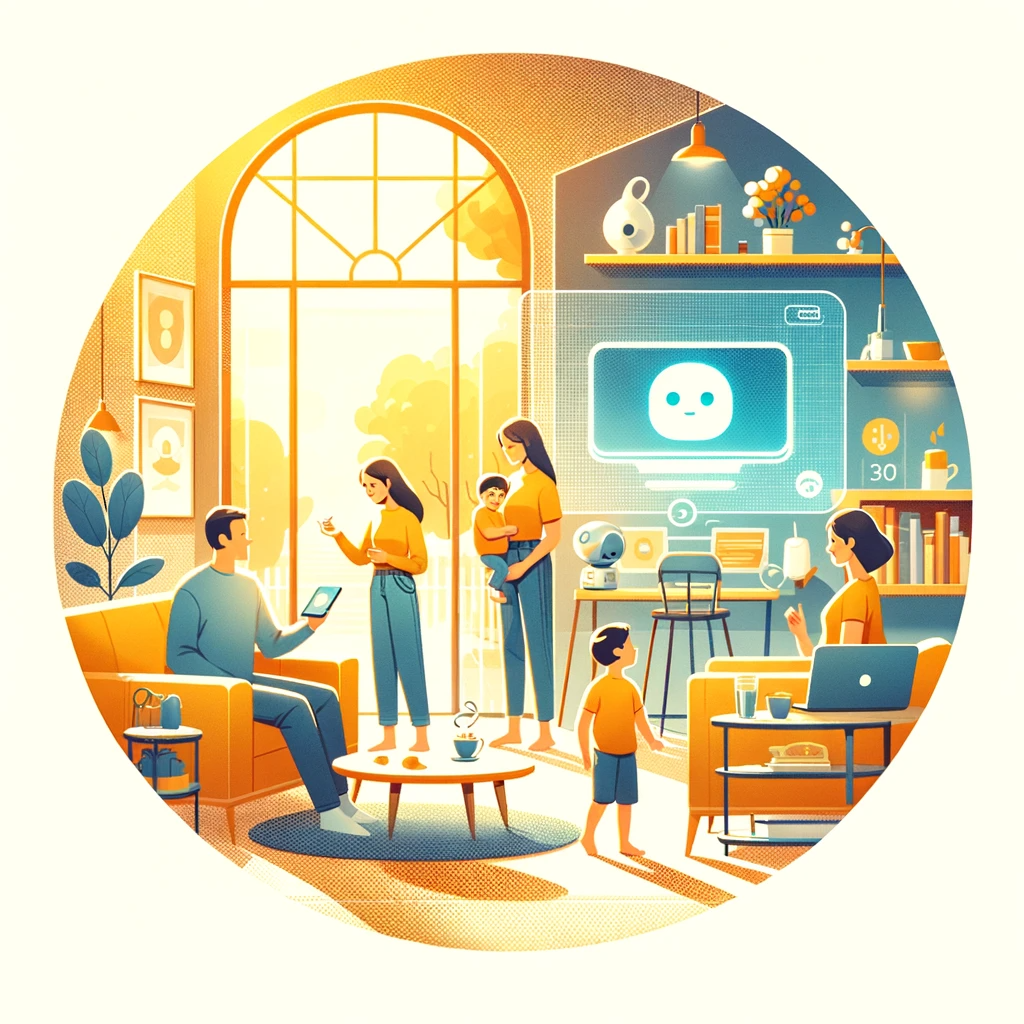 DALL·E 2023-11-14 10.28.49 - A future-oriented illustration depicting people in a home environment engaging in conversation with a computer. The scene should convey a simple, happ (1).png