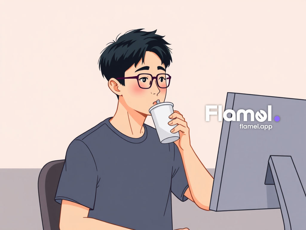 반팔 티셔츠를 입은 한국인 남자가 커피를 마시며 모니터를 멍하게 바라보고 있다, 일러스트-473365.png
