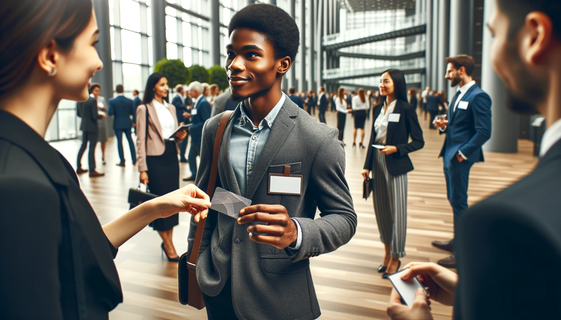 DALL·E 2023-12-18 17.30.04 - A web designer exchanging business cards at a business networking event in a contemporary conference hall. The image shows a young, professional web d.png