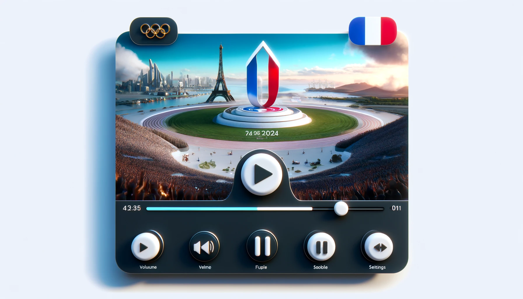 DALL·E 2024-08-02 20.51.41 - A highly realistic, 3D UI design of a video player themed for the 2024 Paris Olympics, with the addition of the French flag. The player has a central .webp