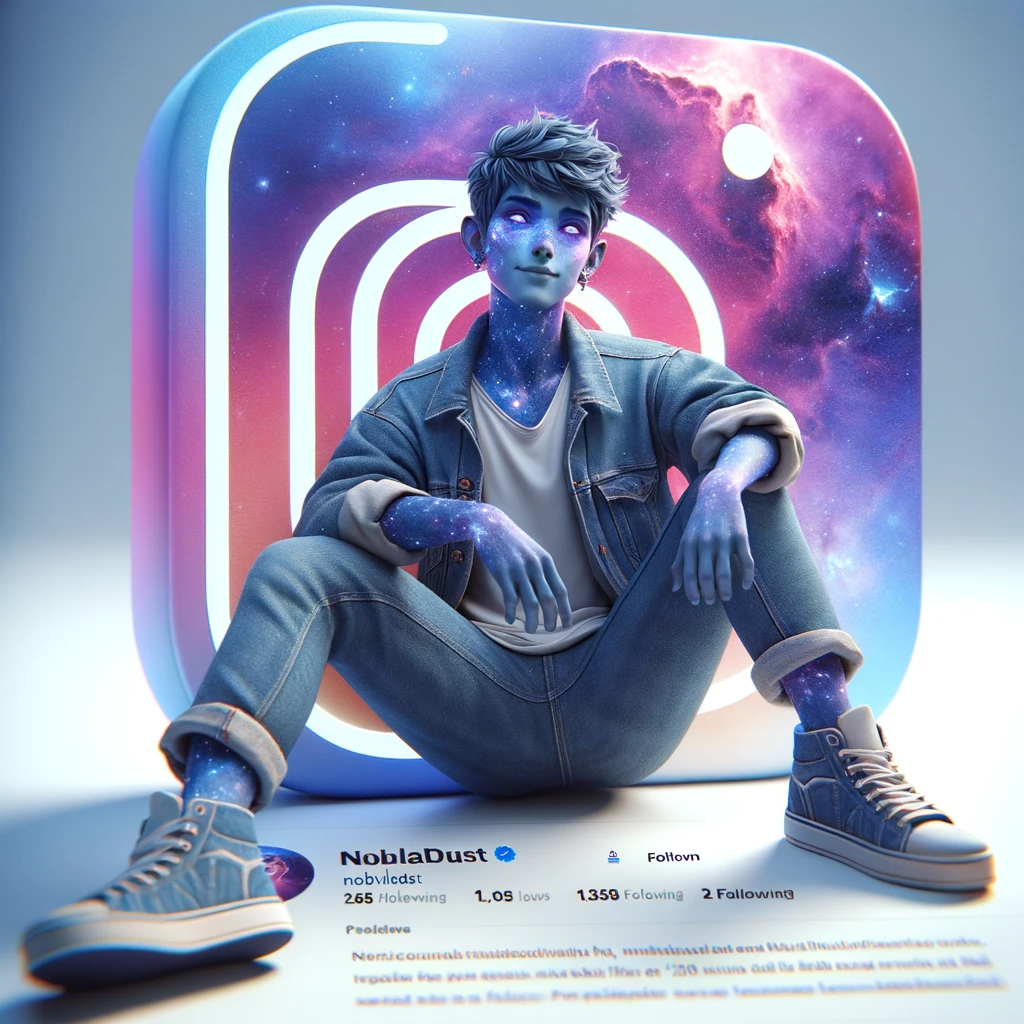 DALL·E 2024-01-05 11.39.27 - A 3D illustration of an animated, human-like character sitting casually on top of an Instagram logo. The character has a futuristic appearance with an.png
