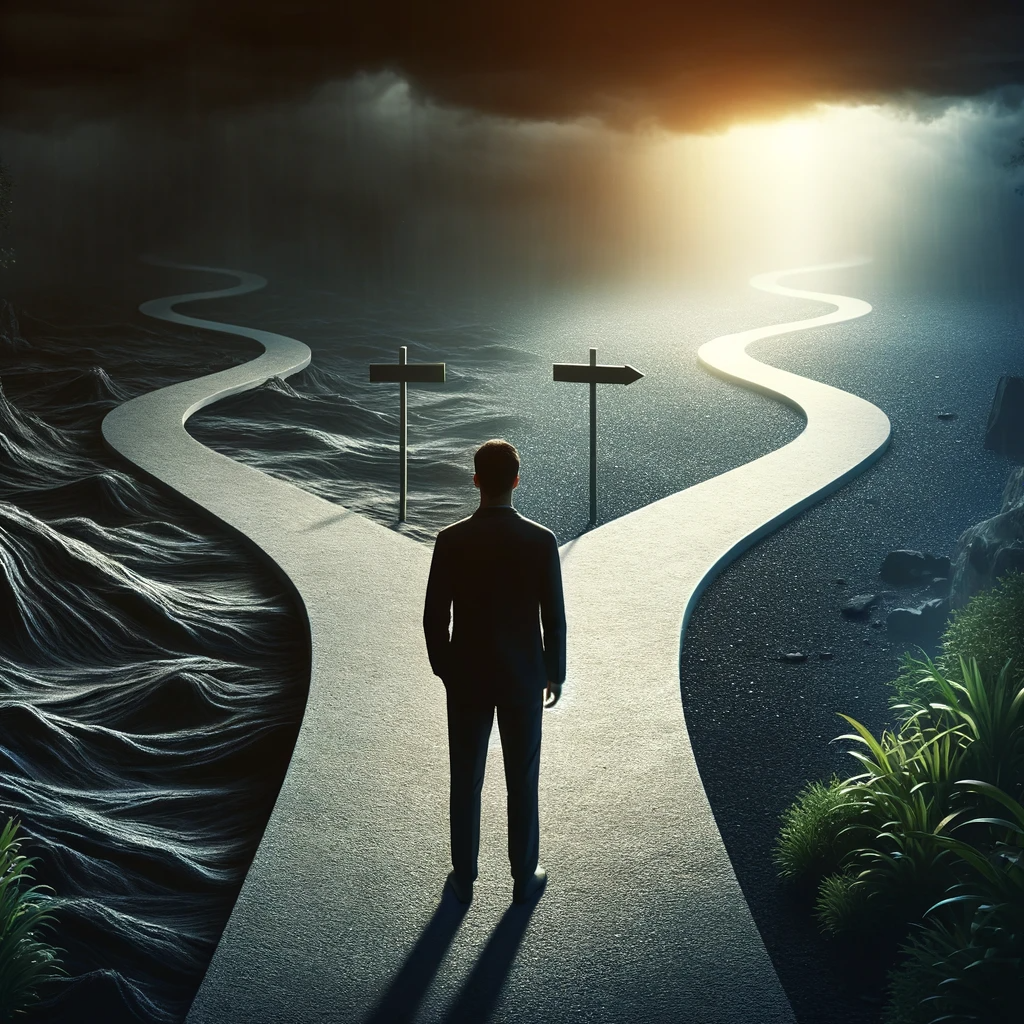 DALL·E 2023-12-05 02.22.24 - A person standing at a crossroads, facing a choice between two paths. One path is dark, ominous, and foreboding, representing a difficult or negative .png