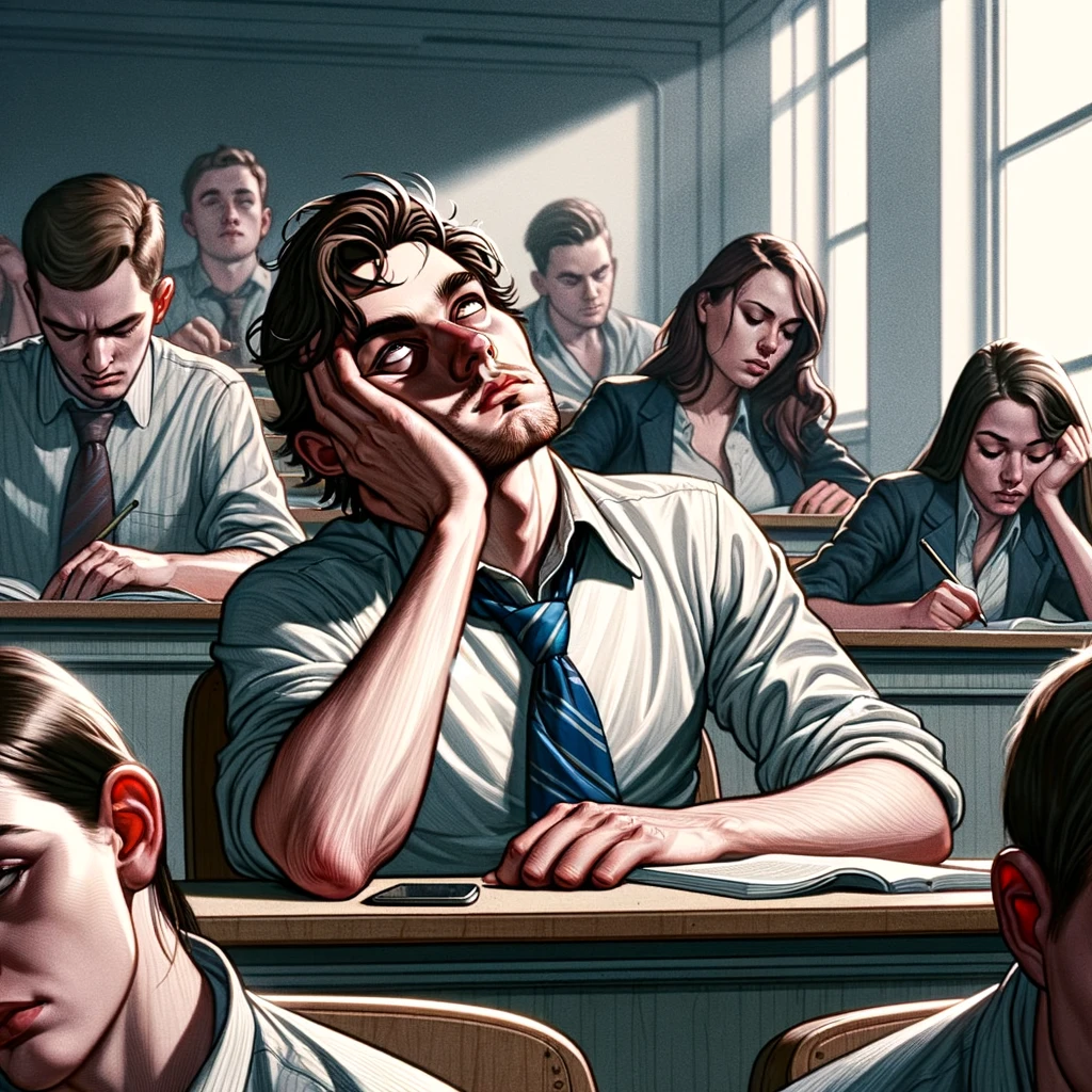 DALL·E 2024-03-12 17.34.04 - The scene intensifies with the same college student, now with a significantly more pronounced expression of disdain. This student's boredom has evolve.png