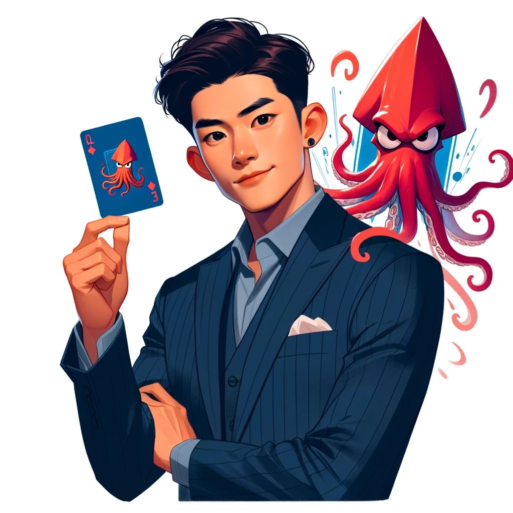 DALL·E 2024-03-17 10.58.32 - Create a Pixar Animation Studios style illustration of a young East Asian man in a suit, holding a card with an angry red squid drawn on it. The man s.jpg
