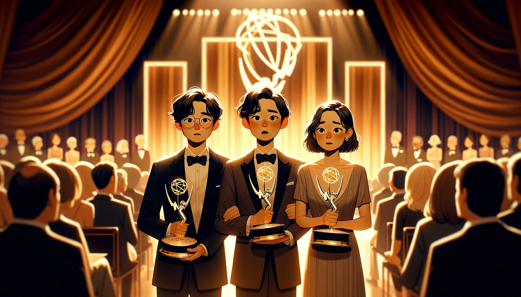DALL·E 2024-01-18 10.40.48 - A scene in the style of the attached warm, cozy image, depicting three Korean-Asian people winning an Emmy Award. The setting is an elegant awards cer.png