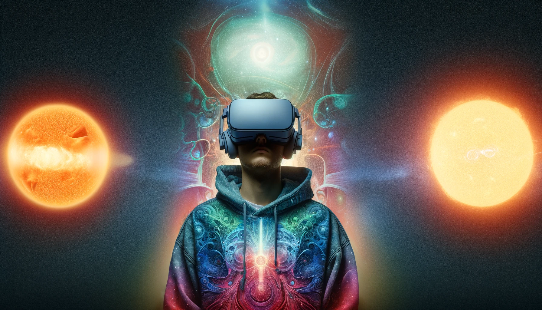 DALL·E 2024-04-06 19.48.43 - Reimagine the image of the person from the shoulders up, wearing a casual hoodie and a futuristic virtual reality headset. The background is the vast .jpg