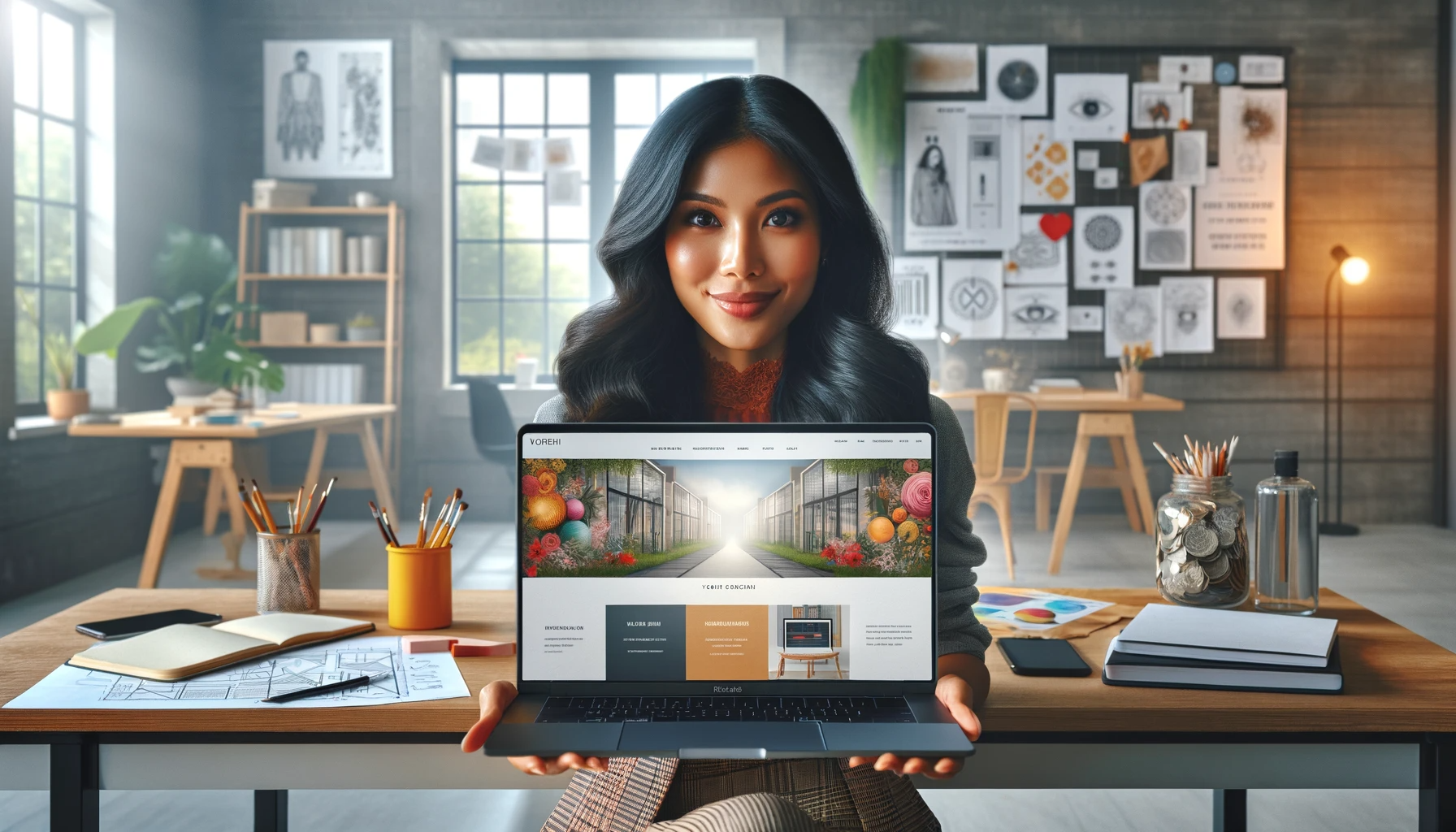 DALL·E 2023-12-18 17.30.25 - A web designer showcasing a portfolio of a website created for free, highlighting creative and professional design. The image shows a South Asian fema.png
