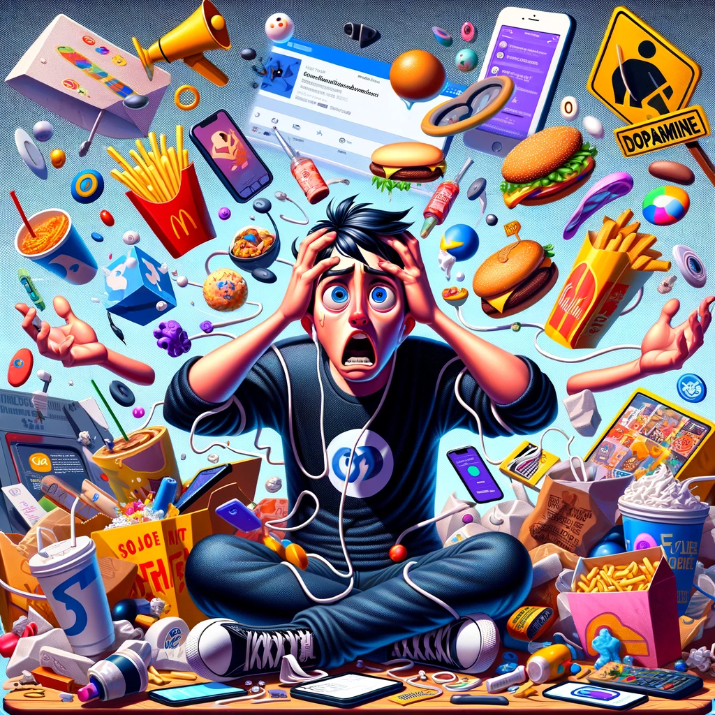DALL·E 2024-02-18 11.08.19 - Create an illustration in the style of Pixar Animation Studios, focusing on the theme of dopamine addiction. The image should depict a character overw.jpg