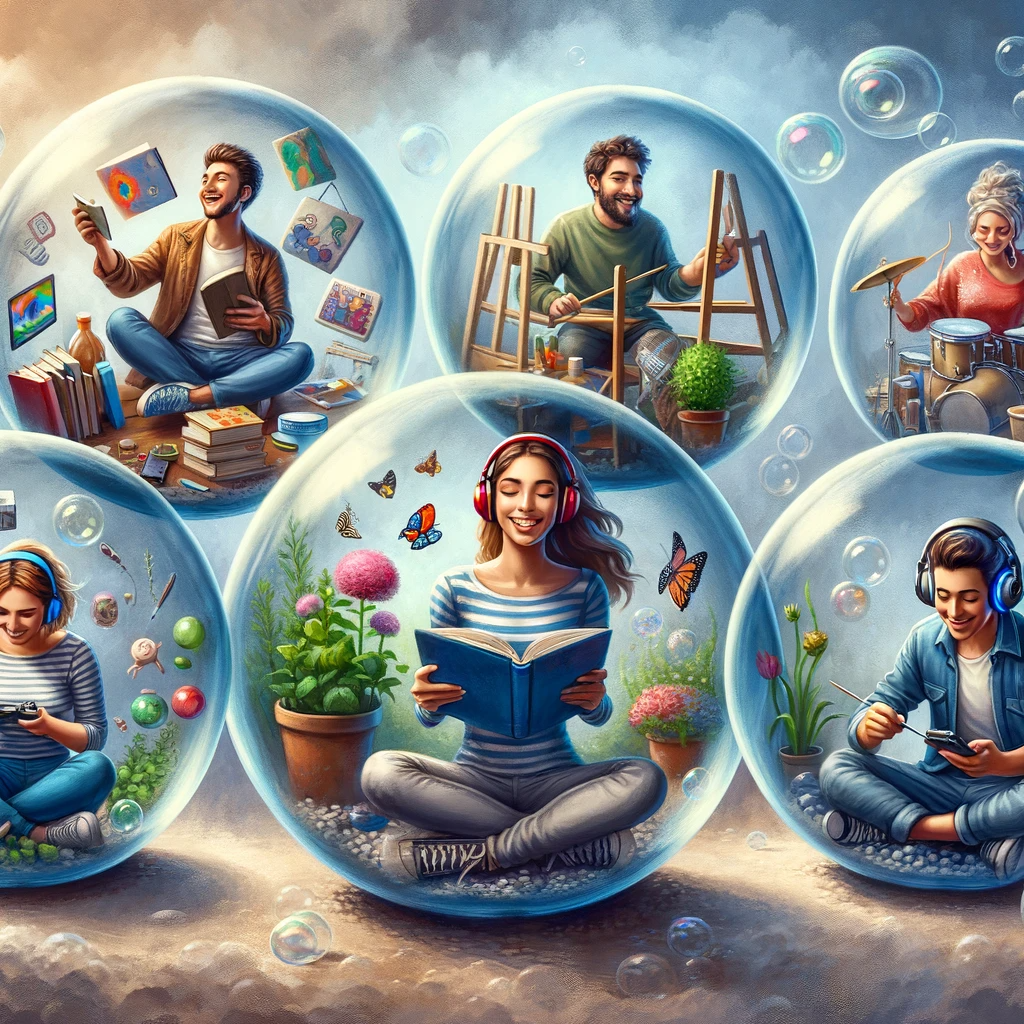 DALL·E 2023-12-05 02.33.58 - An imaginative scene showing five people, each in their own transparent bubble. Inside each bubble, the person is surrounded by their favorite things,.png