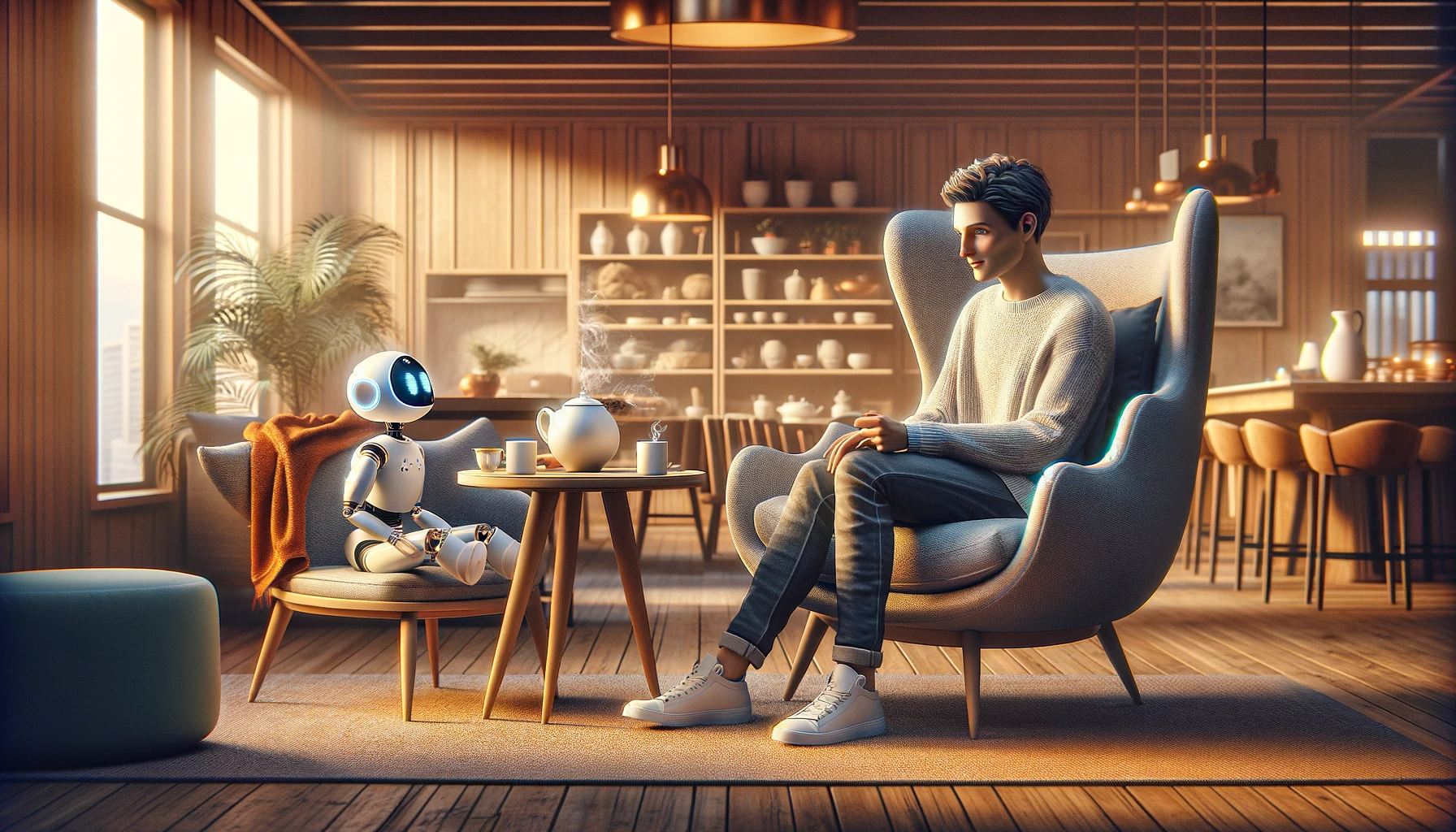 DALL·E 2023-12-14 18.13.49 - A wide-format illustration inspired by the provided image, showcasing a human and an AI robot enjoying a cozy indoor setting. The human is an adult wi.png