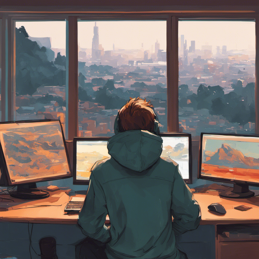 후드티 입고 모니터를 바라보는 소년, 뒤에서 바라보는 모습.png
