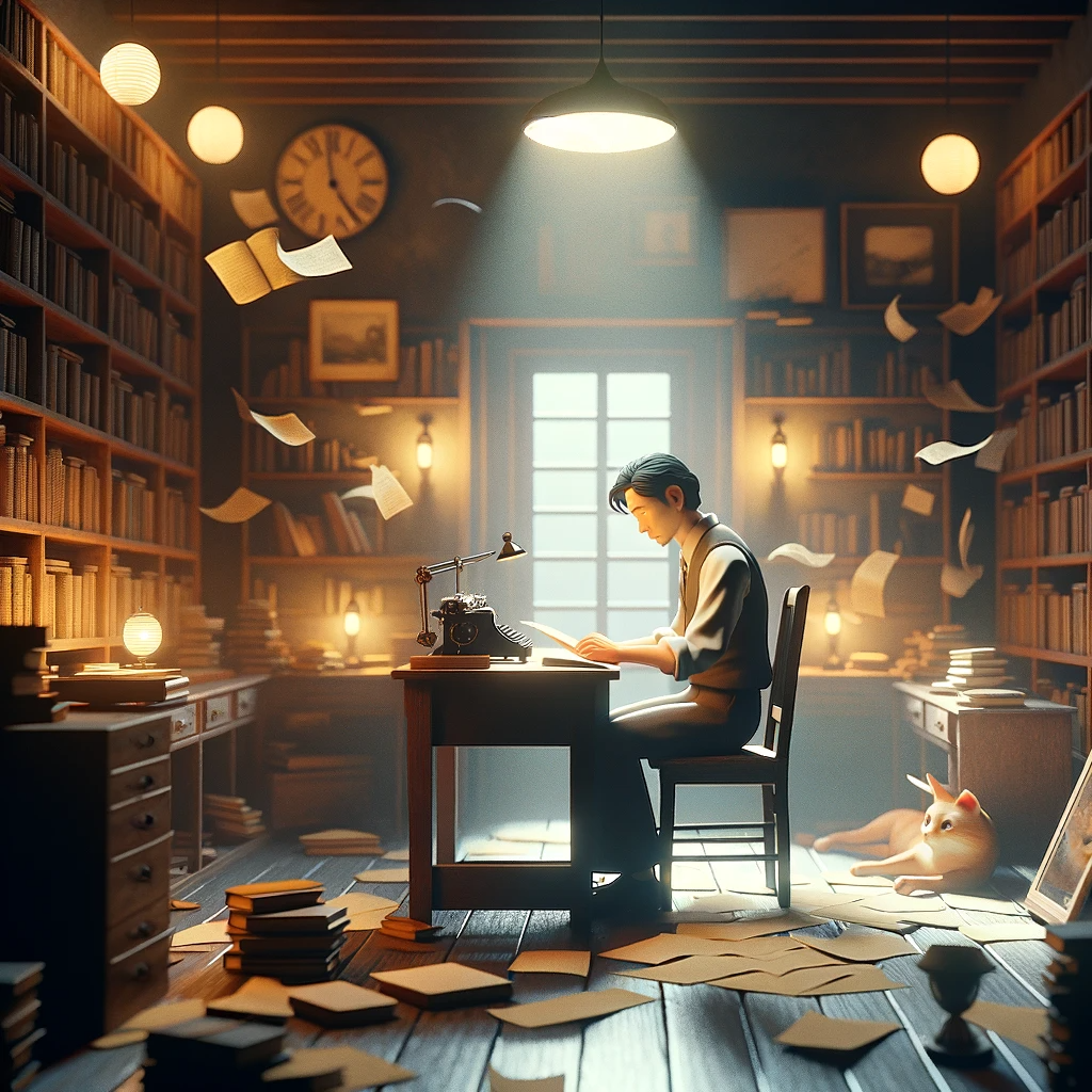 DALL·E 2023-11-13 22.52.31 - A 3D rendered image of a writer, inspired by the style of Haruki Murakami's works. The writer is depicted in a serene, contemplative pose, sitting at .png