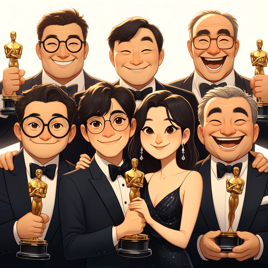DALL·E 2024-03-30 23.22.04 - A Pixar Animation Studios style illustration featuring a joyful group of three male South Korean film directors and two female writers. Each director .jpg