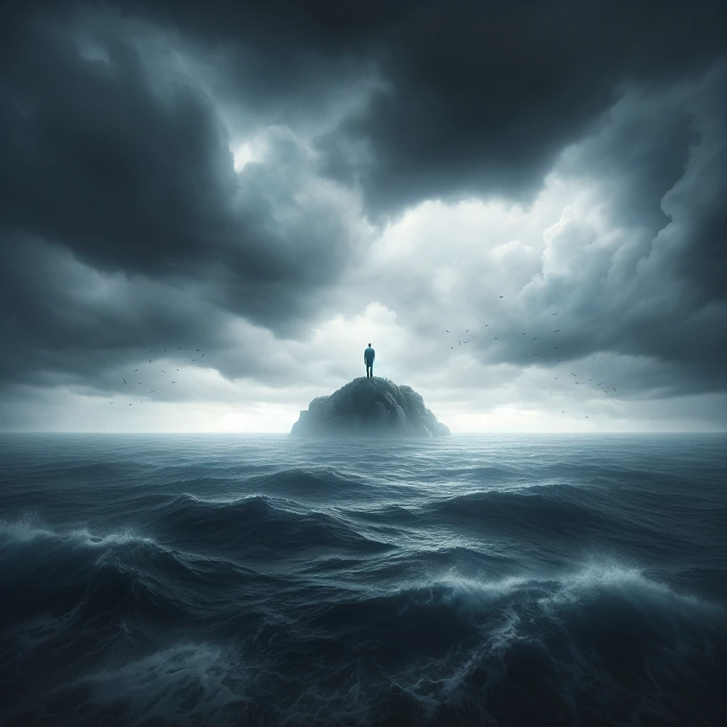 DALL·E 2023-11-28 19.48.51 - A solitary figure standing atop a small island in the midst of a tumultuous sea, under an overcast sky. The scene encapsulates a sense of isolation an.png