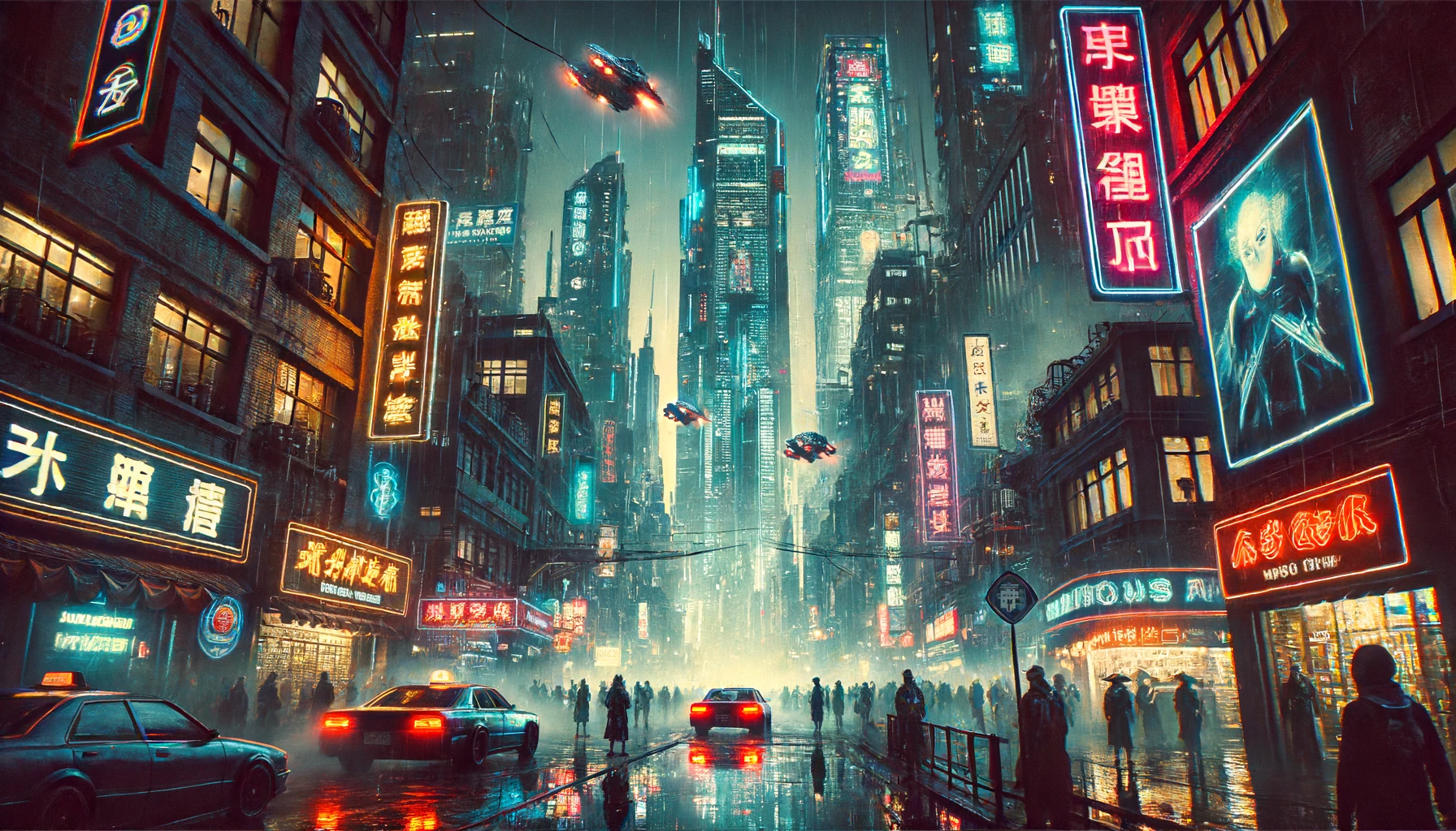 DALL·E 2024-06-17 04.22.56 - A dystopian cyberpunk cityscape at night. The scene includes towering skyscrapers with neon signs in various languages, flying cars, and bustling stre.webp