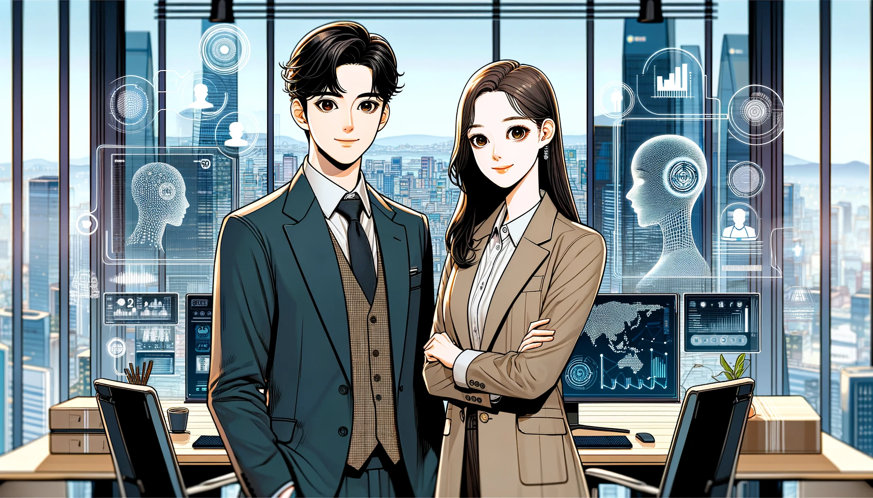DALL·E 2023-12-09 20.32.39 - A man and a woman who have succeeded in business with AI in a modern Korean office environment, drawn in a Japanese animation style. The scene feature.png