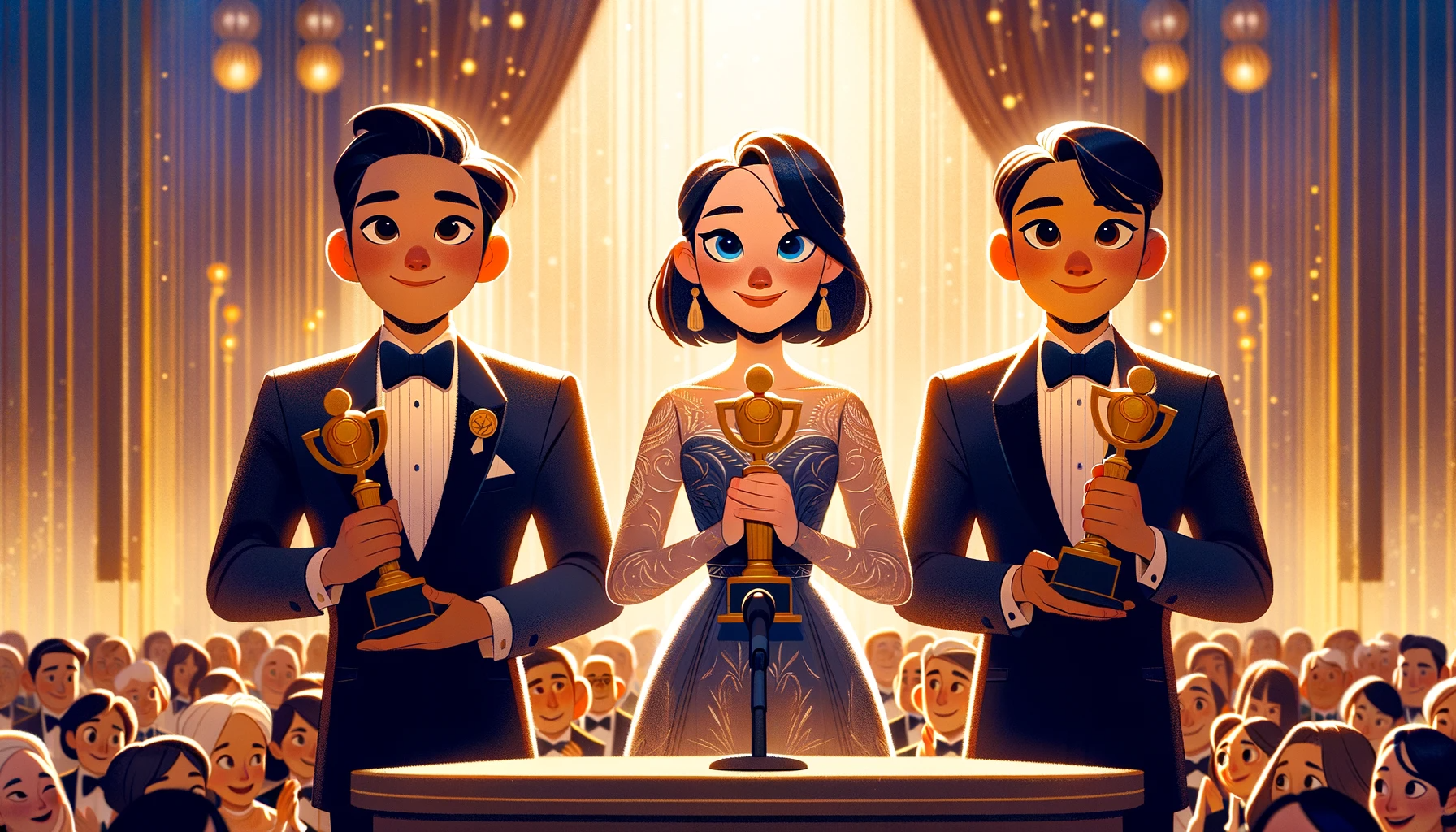 DALL·E 2024-02-01 15.14.36 - Create a 16_9 ratio illustration in Pixar style, showing three characters on stage at an awards ceremony, each holding a trophy. The characters should.png