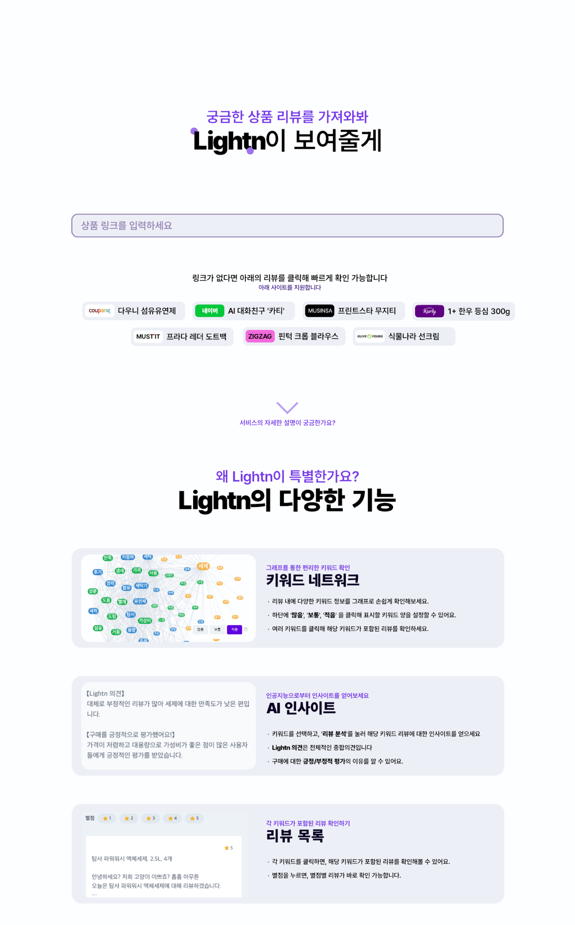 커머스 리뷰 기반 분석 서비스 라이튼 스크린샷 1