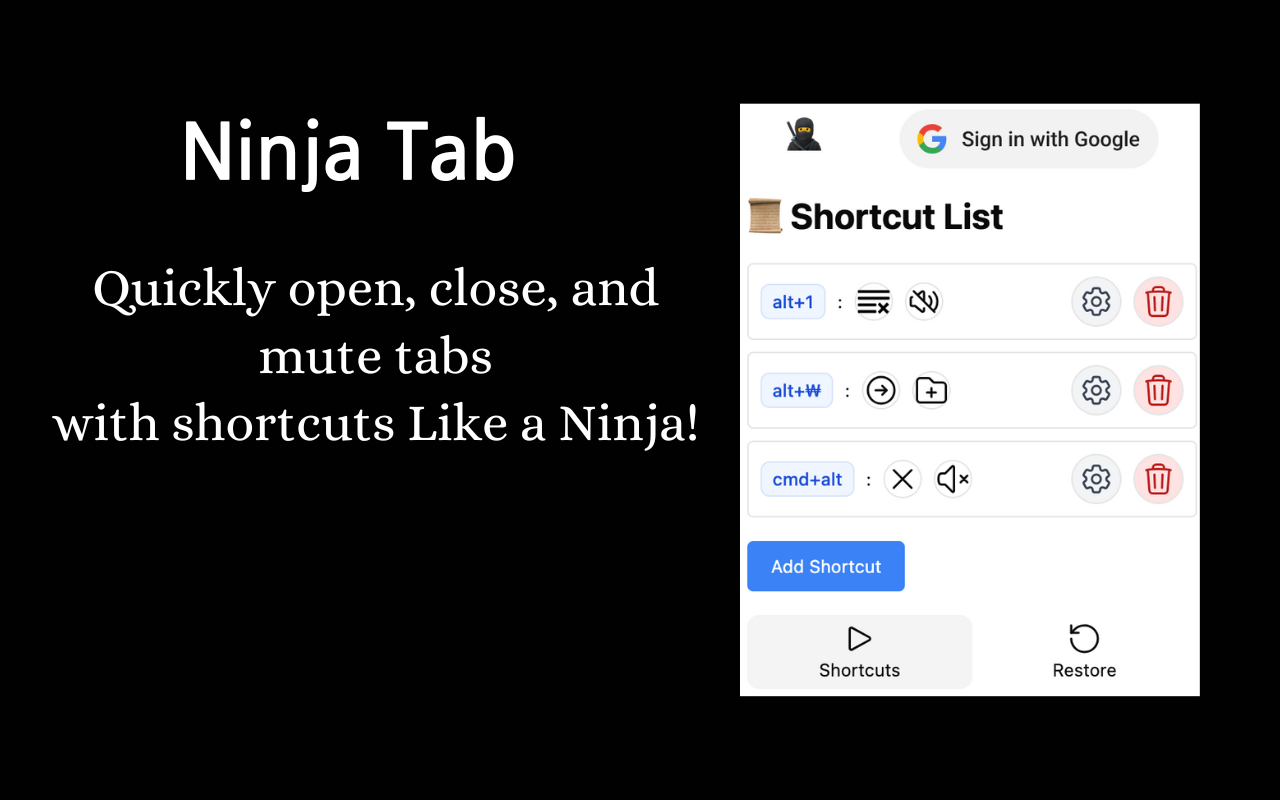 Ninja Tab. Custom Shortcuts control tab 스크린샷 1